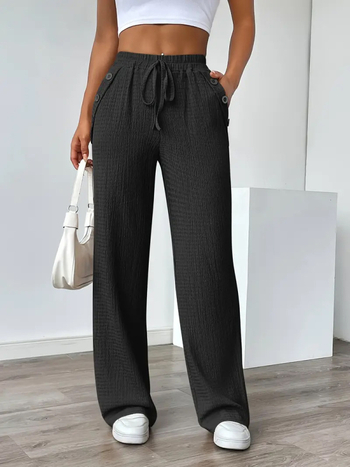 2025 Нови дамски едноцветни дълги панталони с джобове и копчета, леко еластични, без щампа, модни, слим крой, дълги панталони с копчета