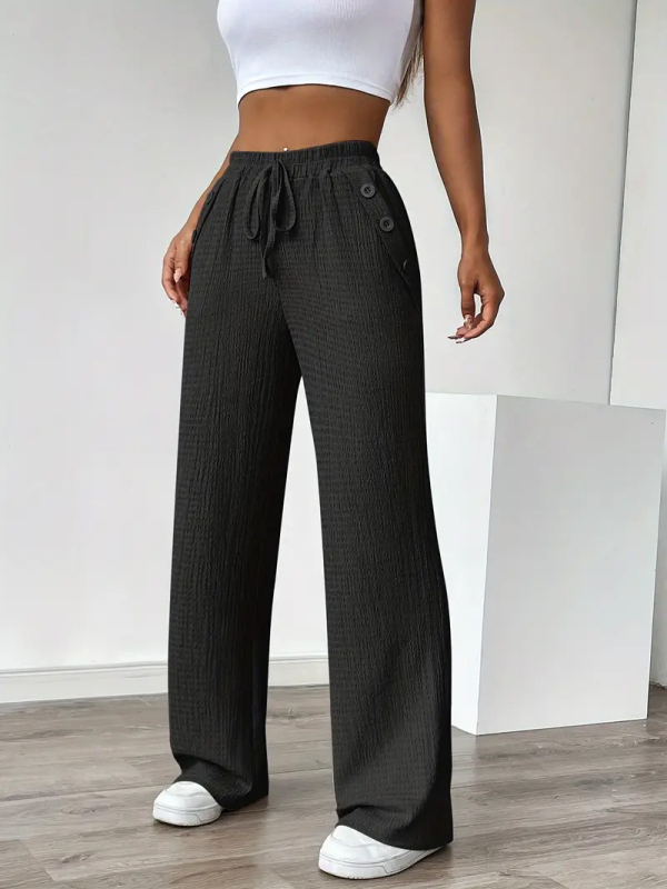 2025 Új Női Egyszínű Zsebes Gombos Hosszú Nadrág Enyhén Rugalmas Minta Nélküli Divatos Slim Fit Gombos Hosszú Nadrág