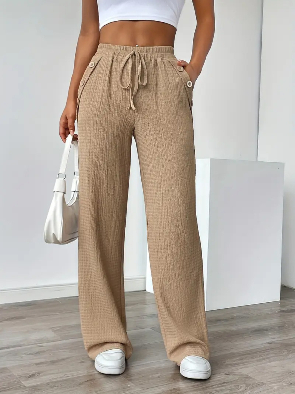 2025 Új Női Egyszínű Zsebes Gombos Hosszú Nadrág Enyhén Rugalmas Minta Nélküli Divatos Slim Fit Gombos Hosszú Nadrág