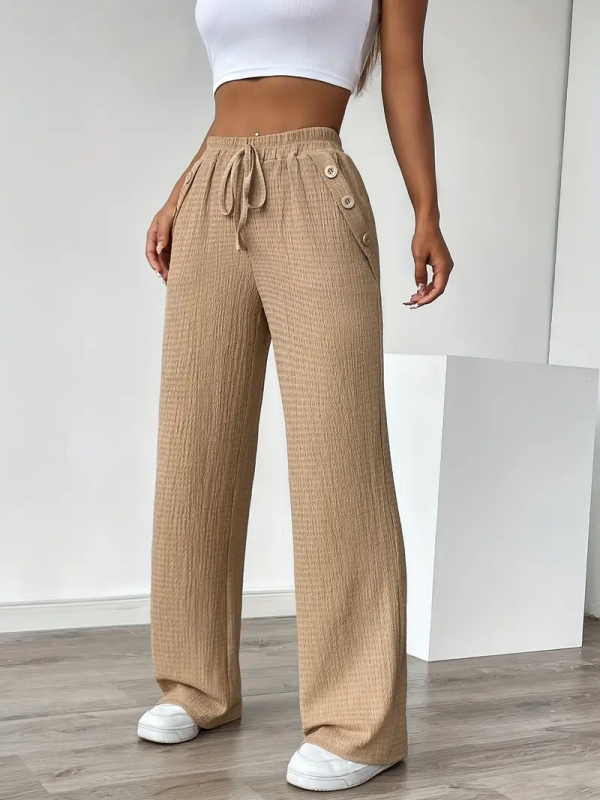 2025 Új Női Egyszínű Zsebes Gombos Hosszú Nadrág Enyhén Rugalmas Minta Nélküli Divatos Slim Fit Gombos Hosszú Nadrág