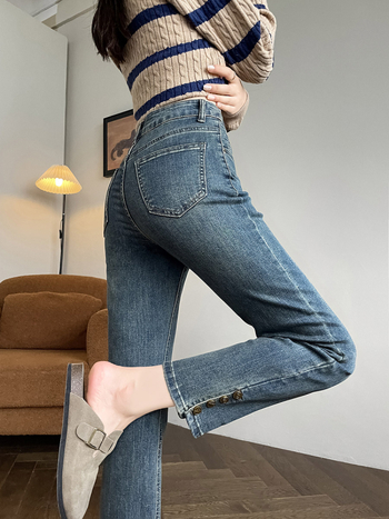 Kis 2024-es magas derekú őszi egyenes farmer új retró kék lábfejű gombos rövidített pipanadrág