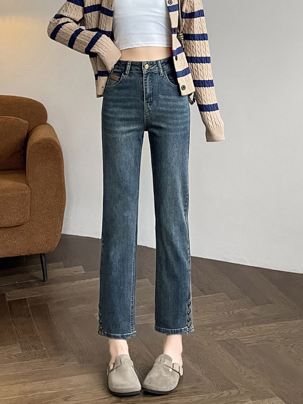 Kis 2024-es magas derekú őszi egyenes farmer új retró kék lábfejű gombos rövidített pipanadrág