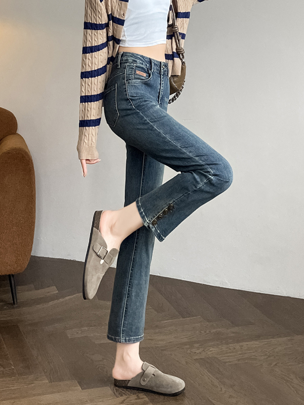 Kis 2024-es magas derekú őszi egyenes farmer új retró kék lábfejű gombos rövidített pipanadrág