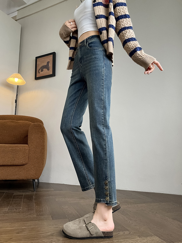 Kis 2024-es magas derekú őszi egyenes farmer új retró kék lábfejű gombos rövidített pipanadrág