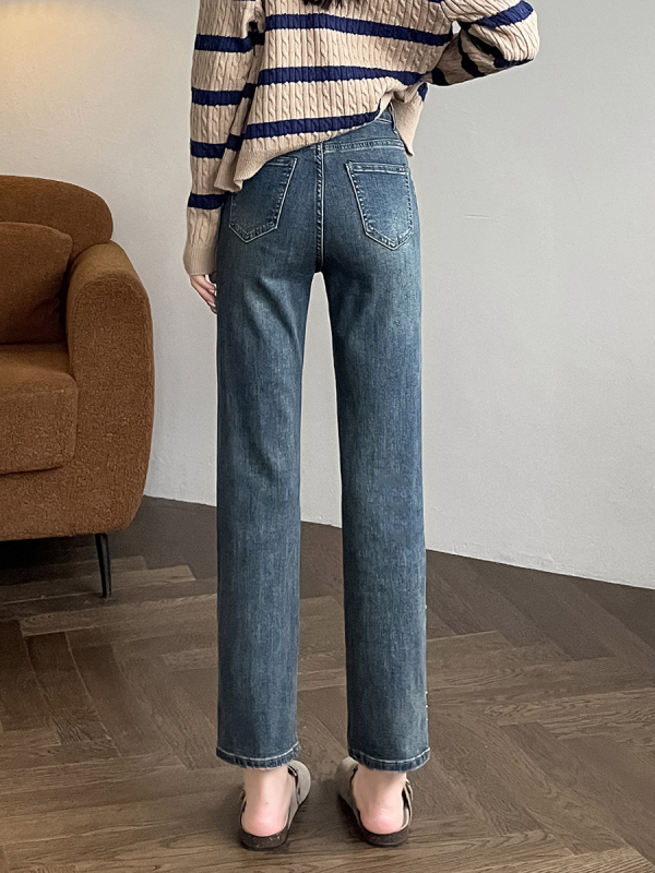 Kis 2024-es magas derekú őszi egyenes farmer új retró kék lábfejű gombos rövidített pipanadrág