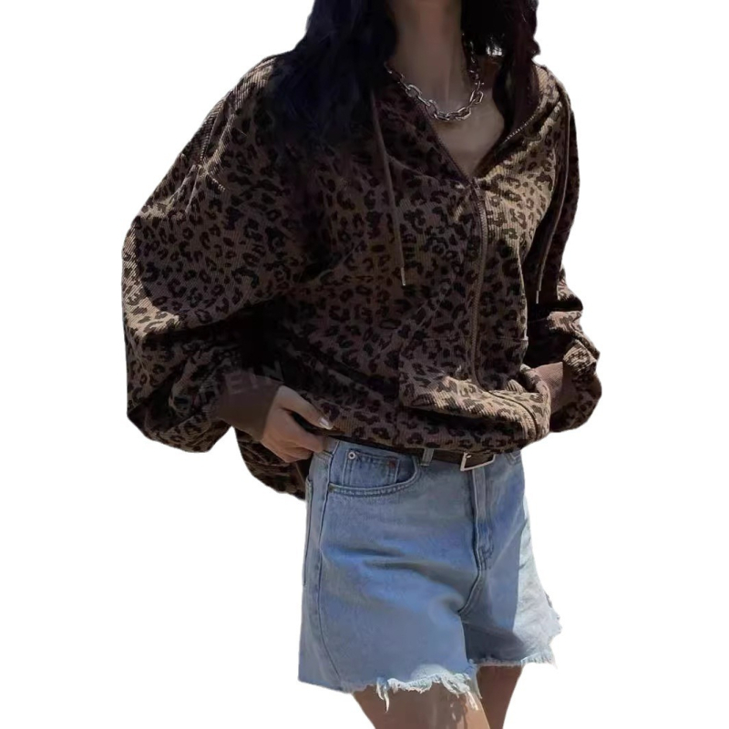Határokon átnyúló Amazon európai és amerikai 2024 őszi új, szexi leopárdmintás, lógó cipzáras kapucnis pulóver