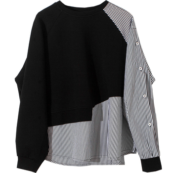 Informális Dizájnú, Réskötéses Kerek Nyakú Női Pulóver Őszi Új Aszimmetrikus Csíkos Laza Pamut Felső
