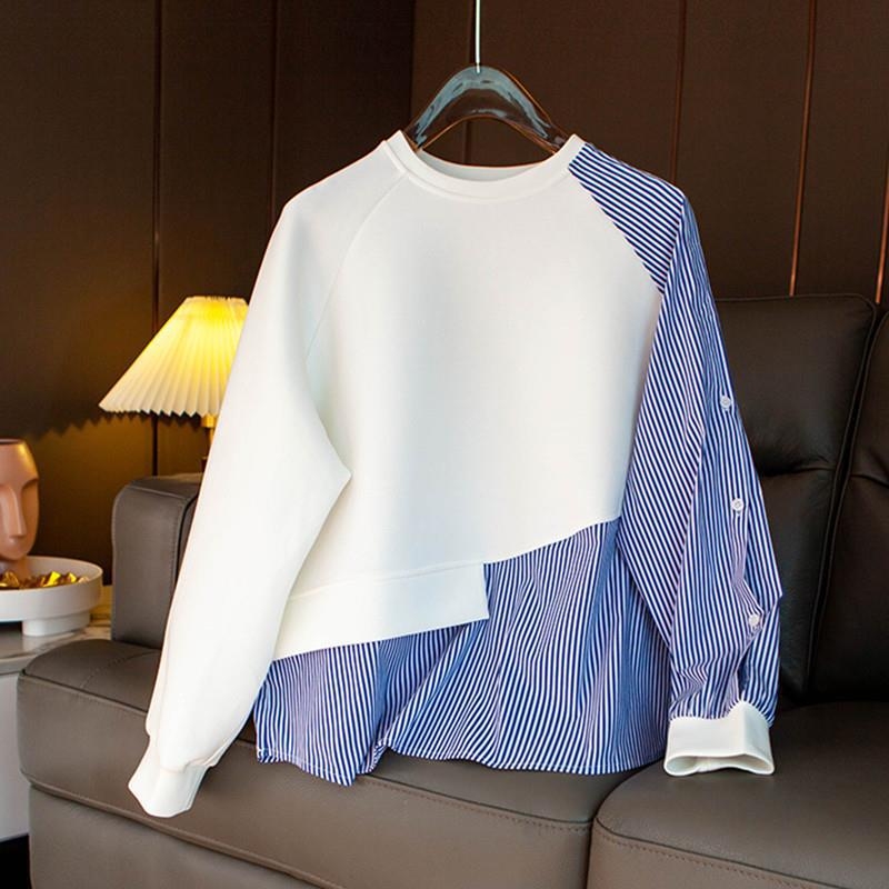 Informális Dizájnú, Réskötéses Kerek Nyakú Női Pulóver Őszi Új Aszimmetrikus Csíkos Laza Pamut Felső