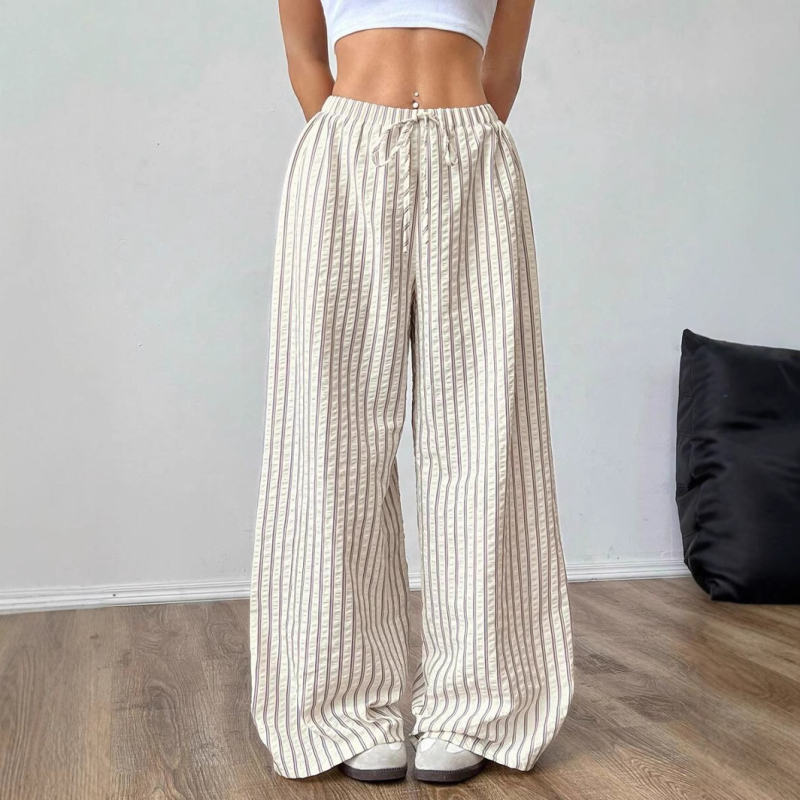2025-ös európai és amerikai, határokon átnyúló, lezser stílusú, női húzózsinóros, rugalmas derékú, sokoldalú, széles csíkos, lezser, egyenes szárú női nadrág