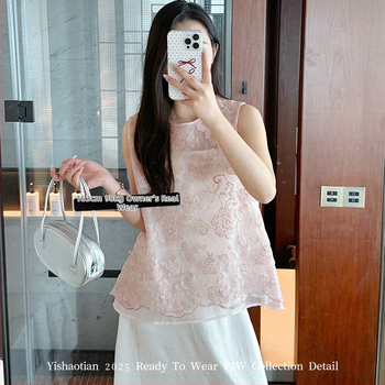 Nauja kiniško stiliaus žakardo siuvinėta tinklelio palaidinė moterims, vasarinė, naujo stiliaus apvali kaklo, švelni nacionalinio stiliaus sagomis puošta liemenė.