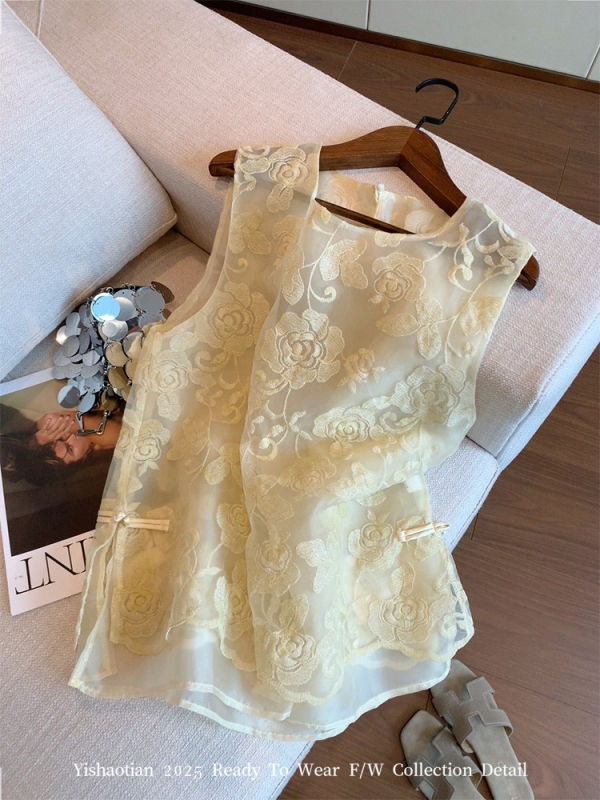 Nauja kiniško stiliaus žakardo siuvinėta tinklelio palaidinė moterims, vasarinė, naujo stiliaus apvali kaklo, švelni nacionalinio stiliaus sagomis puošta liemenė.