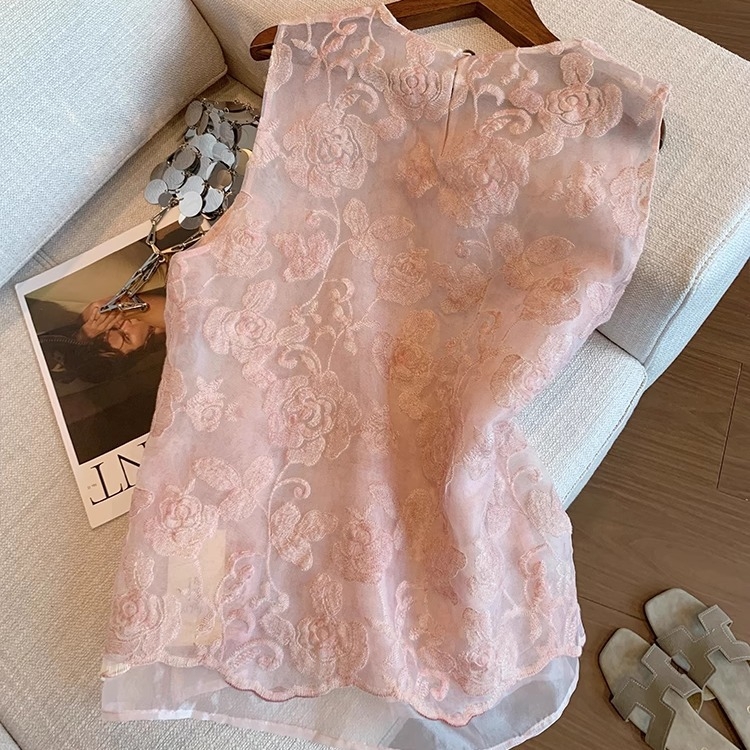 Nauja kiniško stiliaus žakardo siuvinėta tinklelio palaidinė moterims, vasarinė, naujo stiliaus apvali kaklo, švelni nacionalinio stiliaus sagomis puošta liemenė.