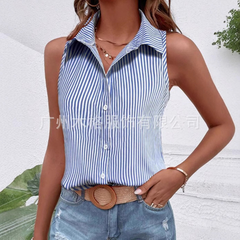 2025 Amazon Független Állomás Határokon Átnyúló Új 3D Digitális Nyomtatású Női Divat Ujjatlan Fekete Ing Felső