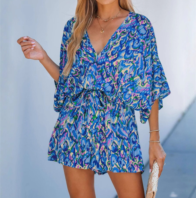 2025 Amazon nyári női lezser, határokon átnyúló, európai és amerikai új, V-nyakú, nyomtatott, fűzős, denevér mintás overál női ruházat