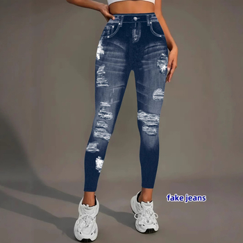 Tavaszi és nyári női farmerutánzatú digitális nyomtatású leggings, magas vastagságú, lélegző, divatos, hétköznapi női kilencpontos leggings