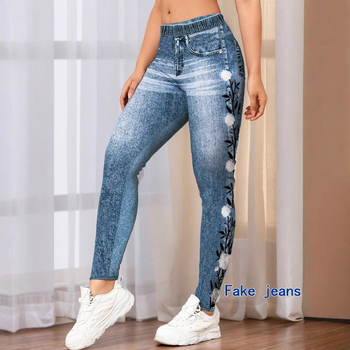 Tavaszi és nyári női farmerutánzatú digitális nyomtatású leggings, magas vastagságú, lélegző, divatos, hétköznapi női kilencpontos leggings