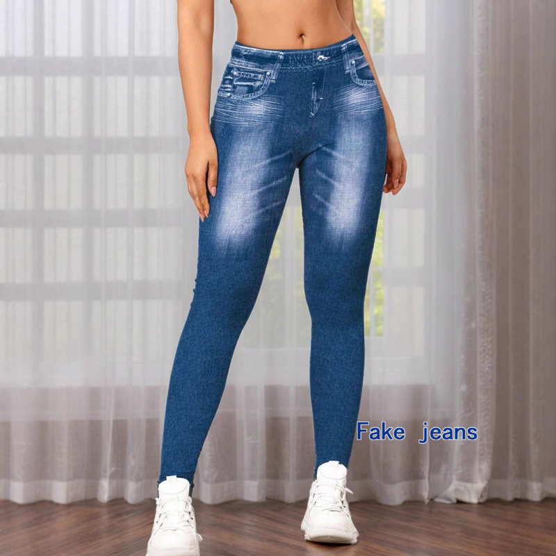 Tavaszi és nyári női farmerutánzatú digitális nyomtatású leggings, magas vastagságú, lélegző, divatos, hétköznapi női kilencpontos leggings