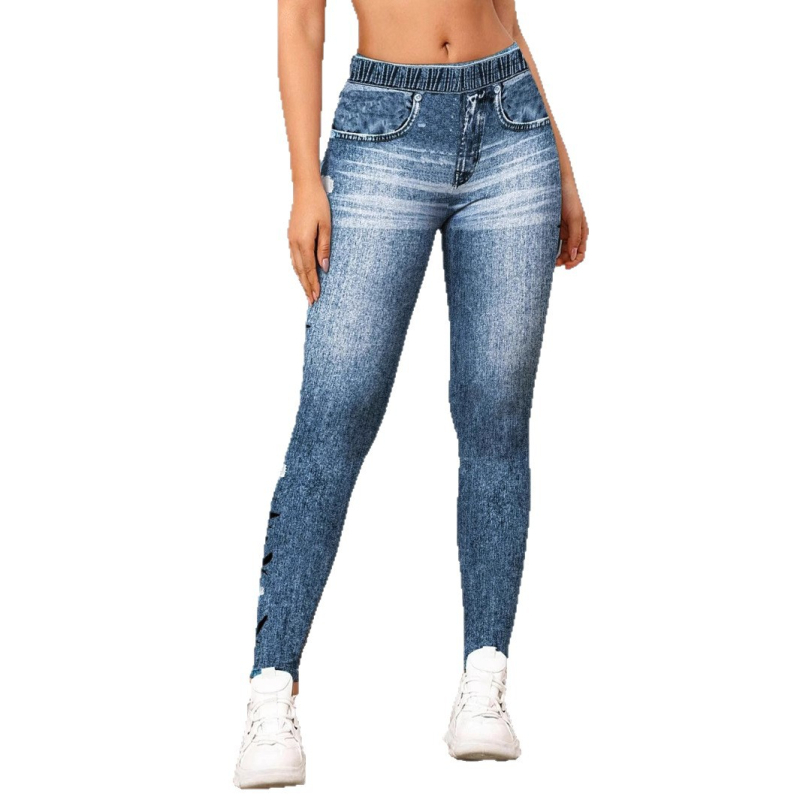 Tavaszi és nyári női farmerutánzatú digitális nyomtatású leggings, magas vastagságú, lélegző, divatos, hétköznapi női kilencpontos leggings