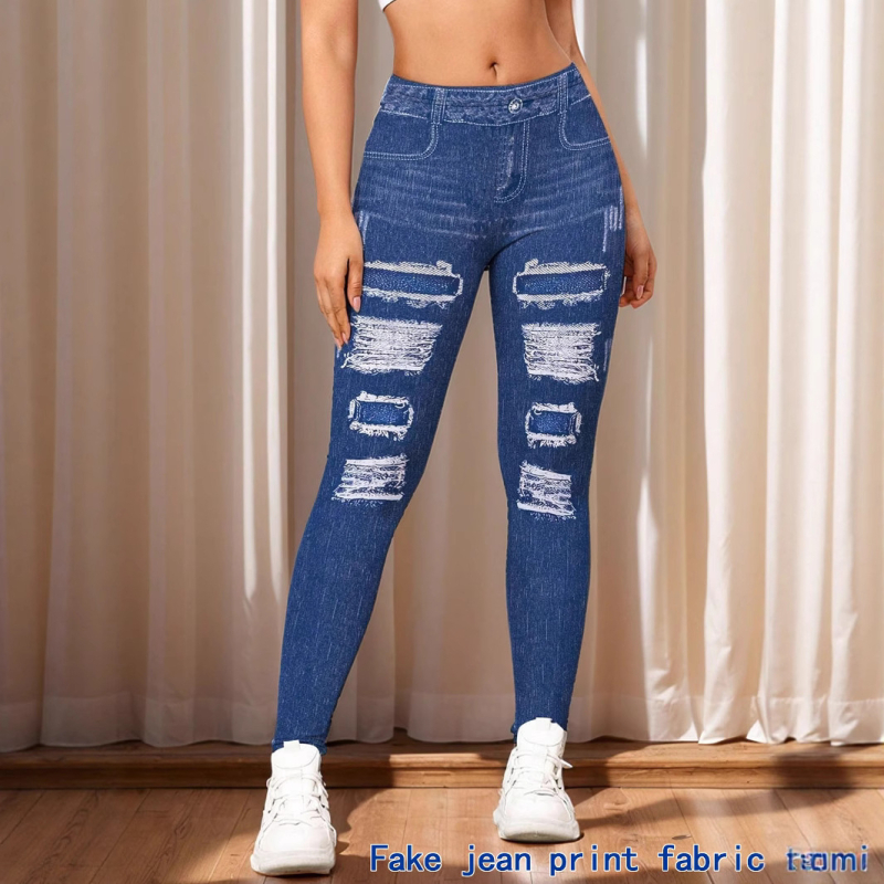 Tavaszi és nyári női farmerutánzatú digitális nyomtatású leggings, magas vastagságú, lélegző, divatos, hétköznapi női kilencpontos leggings