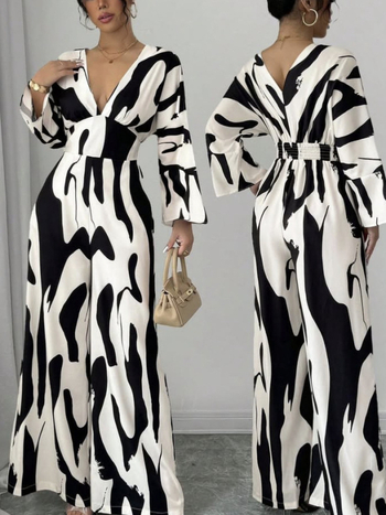 2025 Ευρώπη και Ηνωμένες Πολιτείες διασυνοριακός ανεξάρτητος σταθμός Amazon άνοιξη και καλοκαίρι εκρήξεις τυπωμένο V-neck λεπτό σέξι ολόσωμη φόρμα