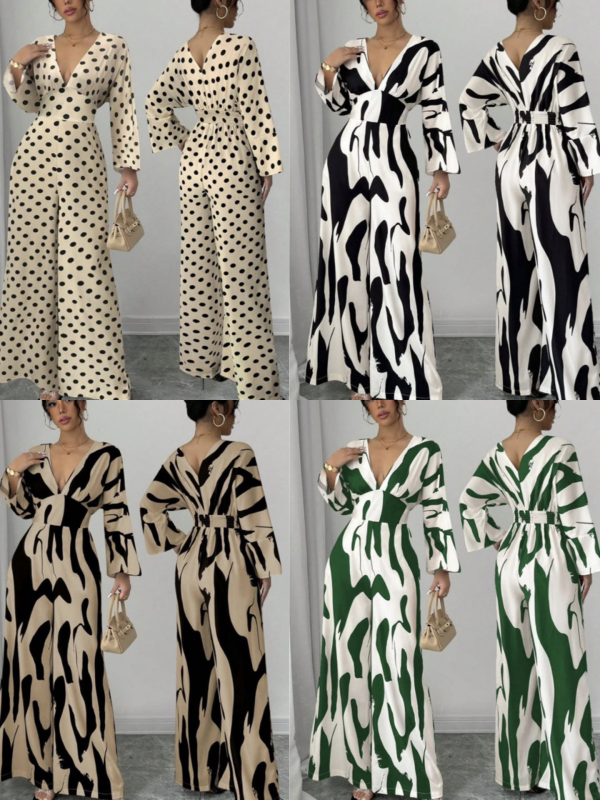 2025-ös európai és amerikai határokon átnyúló Amazon független állomás tavaszi és nyári robbanásszerű nyomtatású V-nyakú, vékony, szexi overál