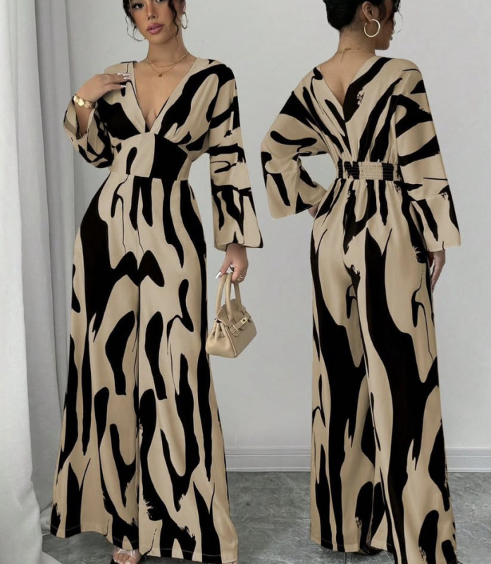 2025-ös európai és amerikai határokon átnyúló Amazon független állomás tavaszi és nyári robbanásszerű nyomtatású V-nyakú, vékony, szexi overál