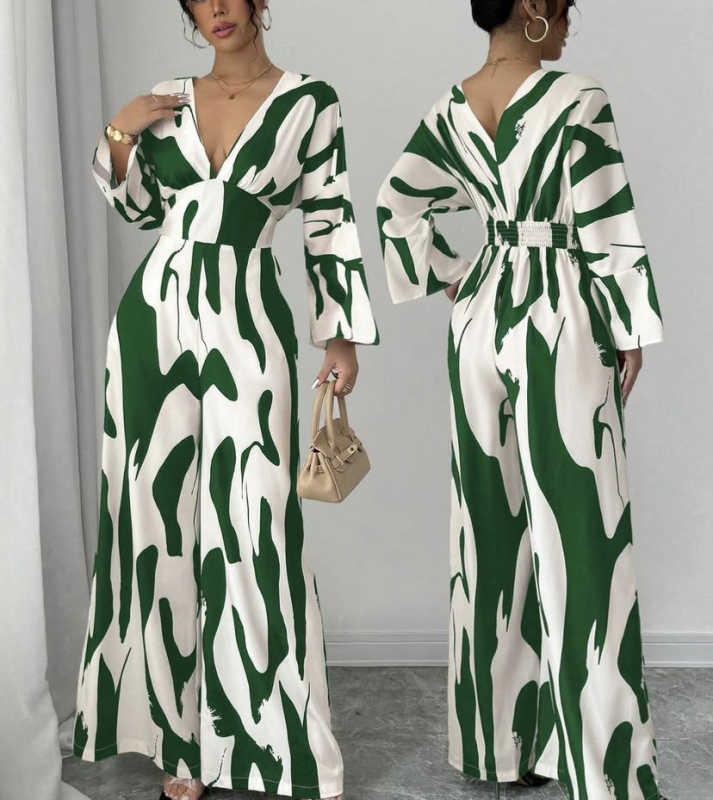 2025-ös európai és amerikai határokon átnyúló Amazon független állomás tavaszi és nyári robbanásszerű nyomtatású V-nyakú, vékony, szexi overál