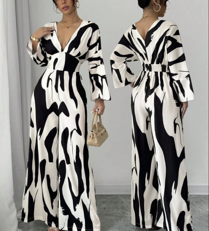 2025-ös európai és amerikai határokon átnyúló Amazon független állomás tavaszi és nyári robbanásszerű nyomtatású V-nyakú, vékony, szexi overál