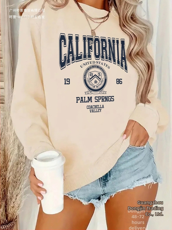 Női kaliforniai grafikás kapucnis pulóver - Vintage 1989 Palm Springs betűmintás, puha szürke kerek nyakú