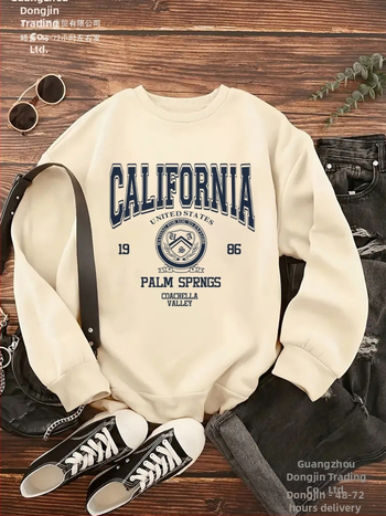 Női kaliforniai grafikás kapucnis pulóver - Vintage 1989 Palm Springs betűmintás, puha szürke kerek nyakú