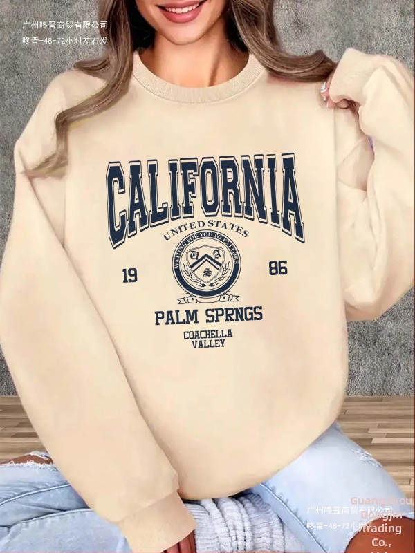 Női kaliforniai grafikás kapucnis pulóver - Vintage 1989 Palm Springs betűmintás, puha szürke kerek nyakú