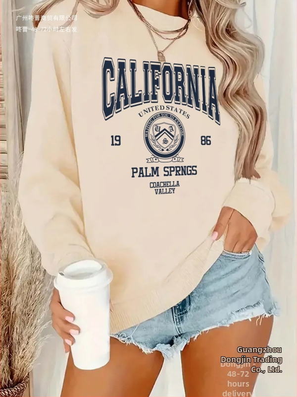 Dámska mikina s kapucňou California Graphic - vintage potlač písmen Palm Springs z roku 1989, jemne sivý okrúhly výstrih
