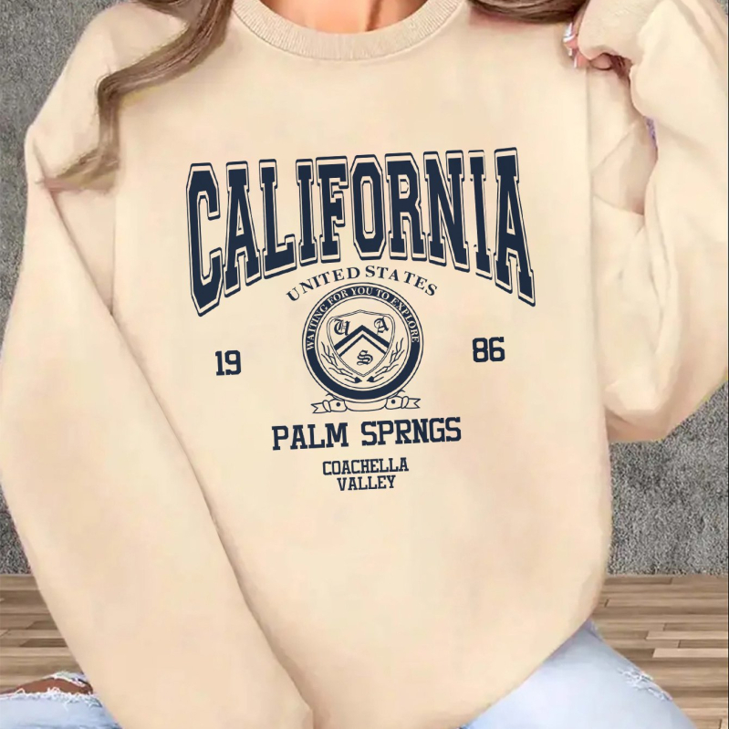 Női kaliforniai grafikás kapucnis pulóver - Vintage 1989 Palm Springs betűmintás, puha szürke kerek nyakú
