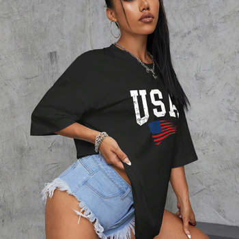 Amerikai betűkombinációjú nyomtatású, váll nélküli női póló, nyári divat, lezser, női felső, függetlenség napja
