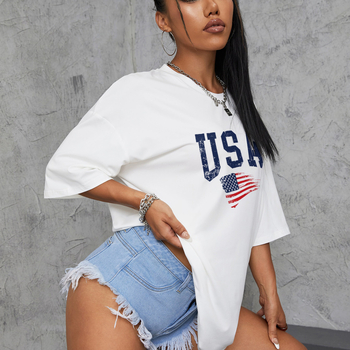 Amerikai betűkombinációjú nyomtatású, váll nélküli női póló, nyári divat, lezser, női felső, függetlenség napja