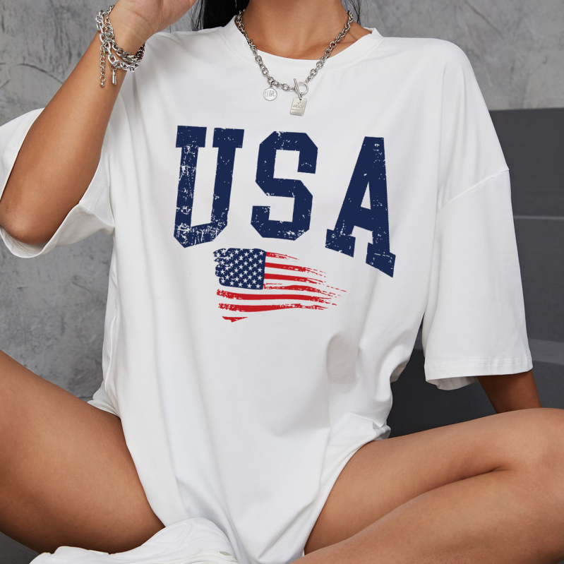Amerikai betűkombinációjú nyomtatású, váll nélküli női póló, nyári divat, lezser, női felső, függetlenség napja