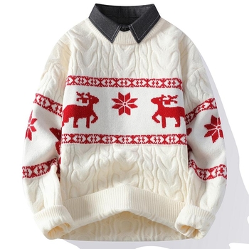 Férfi téli divatos márkás hamis kétrészes pulóver alap ing ifjúsági inggallér meleg kötött férfi ing színblokkos felső