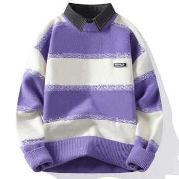 Férfi téli divatos márkás hamis kétrészes pulóver alap ing ifjúsági inggallér meleg kötött férfi ing színblokkos felső