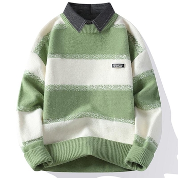 Férfi téli divatos márkás hamis kétrészes pulóver alap ing ifjúsági inggallér meleg kötött férfi ing színblokkos felső