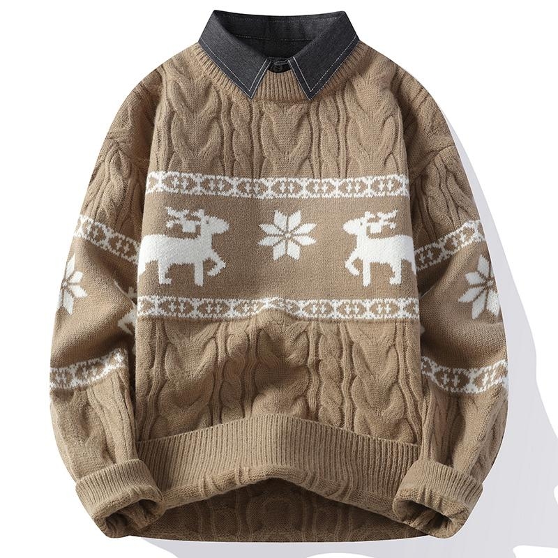 Férfi téli divatos márkás hamis kétrészes pulóver alap ing ifjúsági inggallér meleg kötött férfi ing színblokkos felső