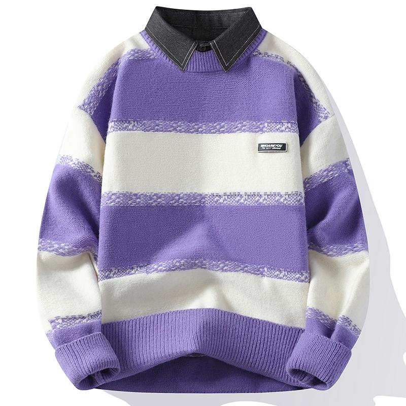 Férfi téli divatos márkás hamis kétrészes pulóver alap ing ifjúsági inggallér meleg kötött férfi ing színblokkos felső