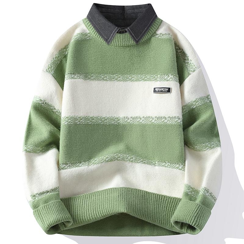 Férfi téli divatos márkás hamis kétrészes pulóver alap ing ifjúsági inggallér meleg kötött férfi ing színblokkos felső