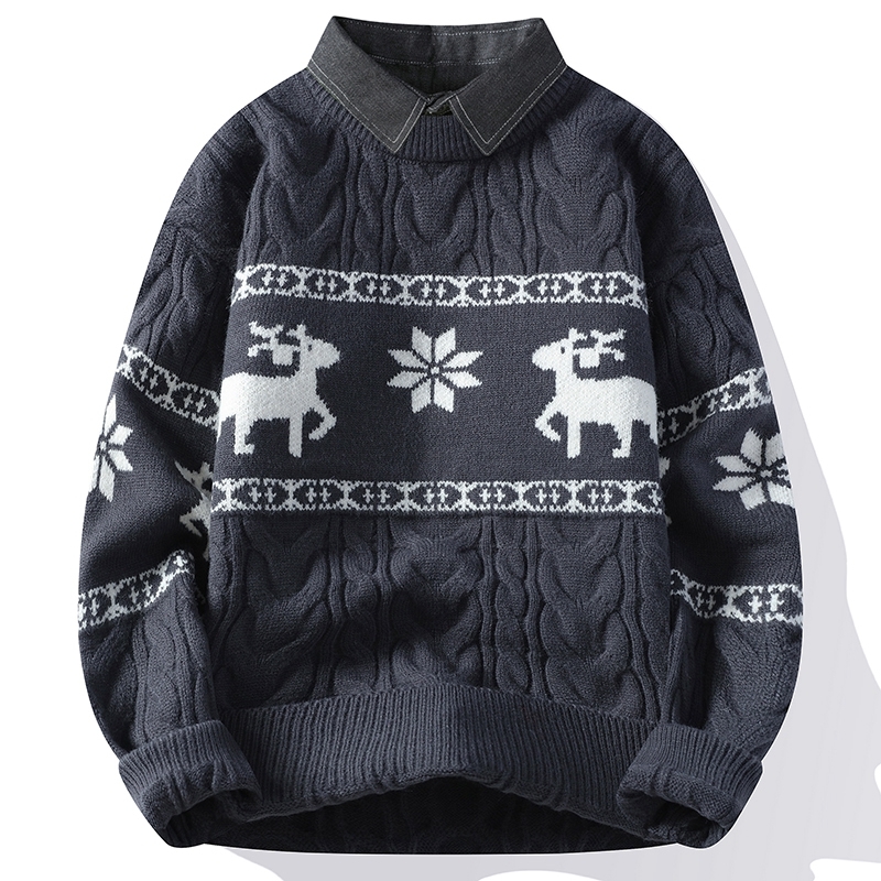 Férfi téli divatos márkás hamis kétrészes pulóver alap ing ifjúsági inggallér meleg kötött férfi ing színblokkos felső