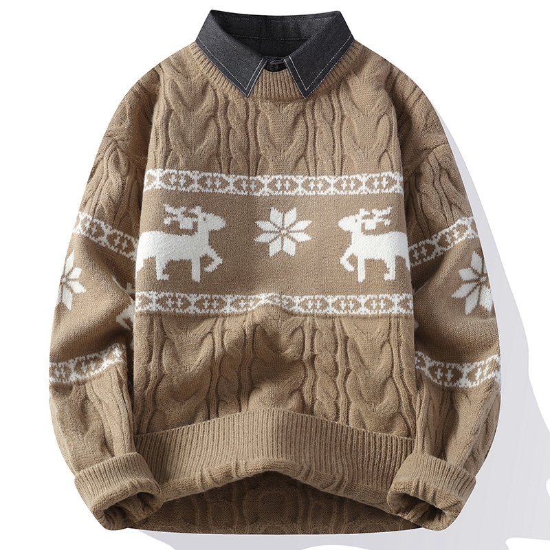 Férfi téli divatos márkás hamis kétrészes pulóver alap ing ifjúsági inggallér meleg kötött férfi ing színblokkos felső