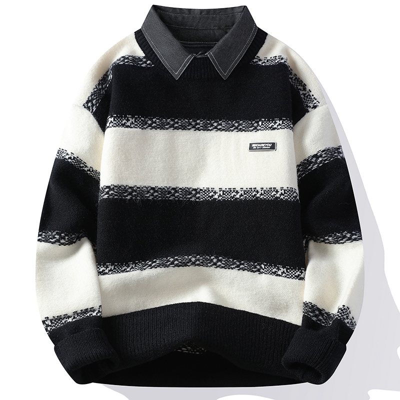 Férfi téli divatos márkás hamis kétrészes pulóver alap ing ifjúsági inggallér meleg kötött férfi ing színblokkos felső