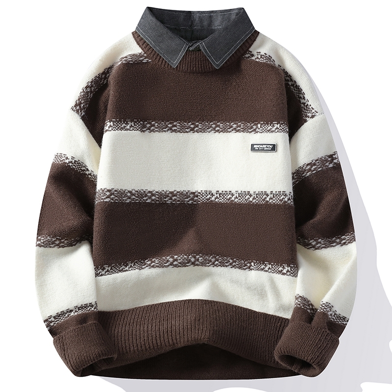 Férfi téli divatos márkás hamis kétrészes pulóver alap ing ifjúsági inggallér meleg kötött férfi ing színblokkos felső