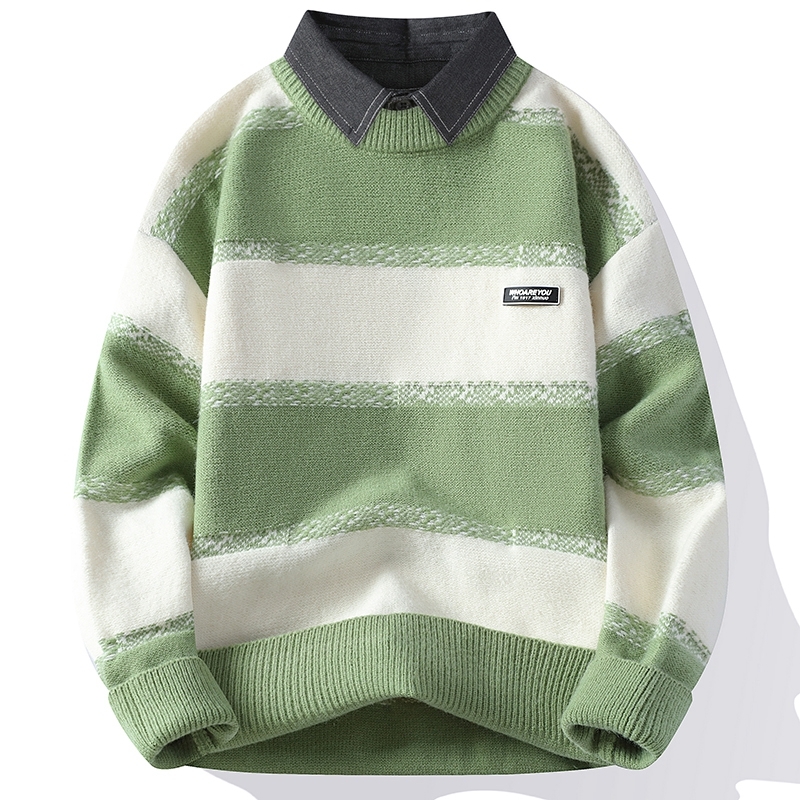 Férfi téli divatos márkás hamis kétrészes pulóver alap ing ifjúsági inggallér meleg kötött férfi ing színblokkos felső