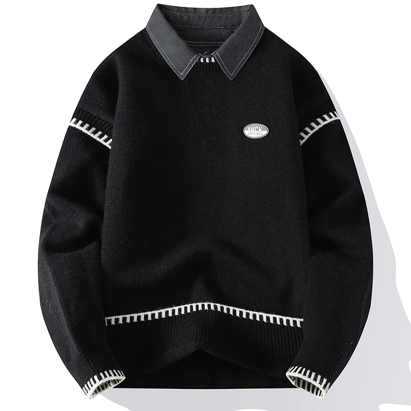 Férfi téli divatos márkás hamis kétrészes pulóver alap ing ifjúsági inggallér meleg kötött férfi ing színblokkos felső