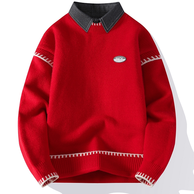 Férfi téli divatos márkás hamis kétrészes pulóver alap ing ifjúsági inggallér meleg kötött férfi ing színblokkos felső