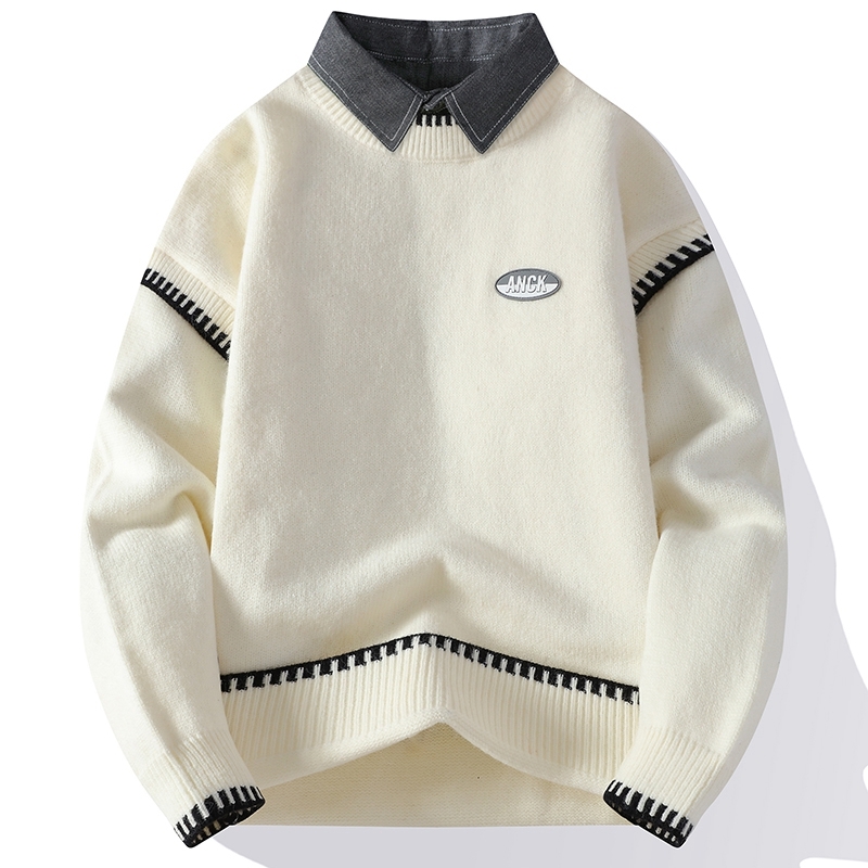 Férfi téli divatos márkás hamis kétrészes pulóver alap ing ifjúsági inggallér meleg kötött férfi ing színblokkos felső